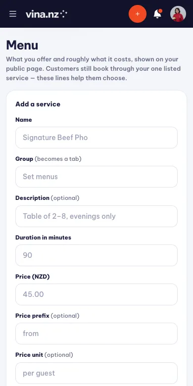 Services and menu — Mobile